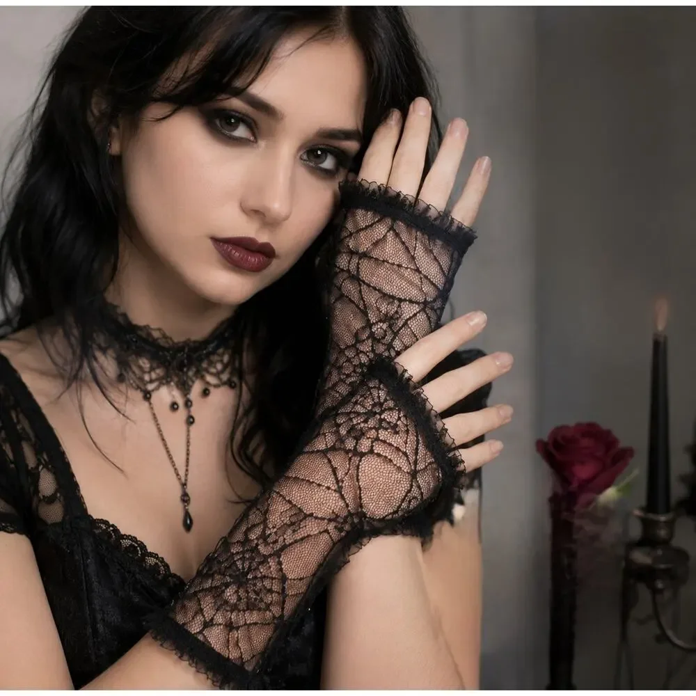 Spirit Halloween Spiderweb Lace Fingerless Gloves Black Gothic Costume OSFM - Picture 13 of 13